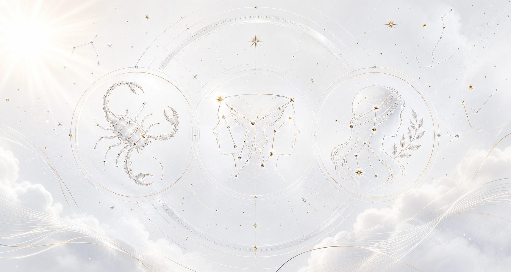 Jasna ilustracja astrologiczna z symbolami Skorpiona, Bliźniąt i Panny